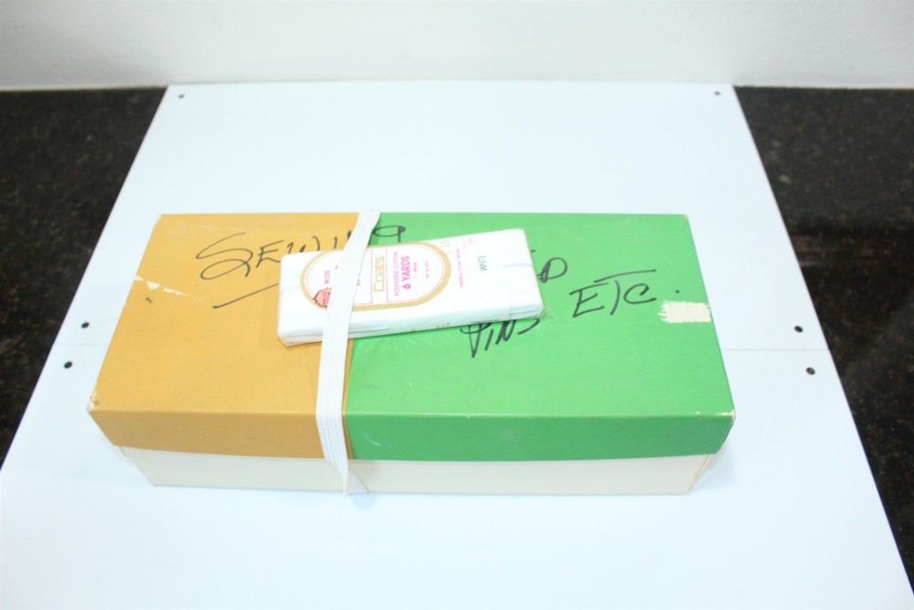 Vintage Sewing Makings Lot Box - Elastic, Thread, Needles + More