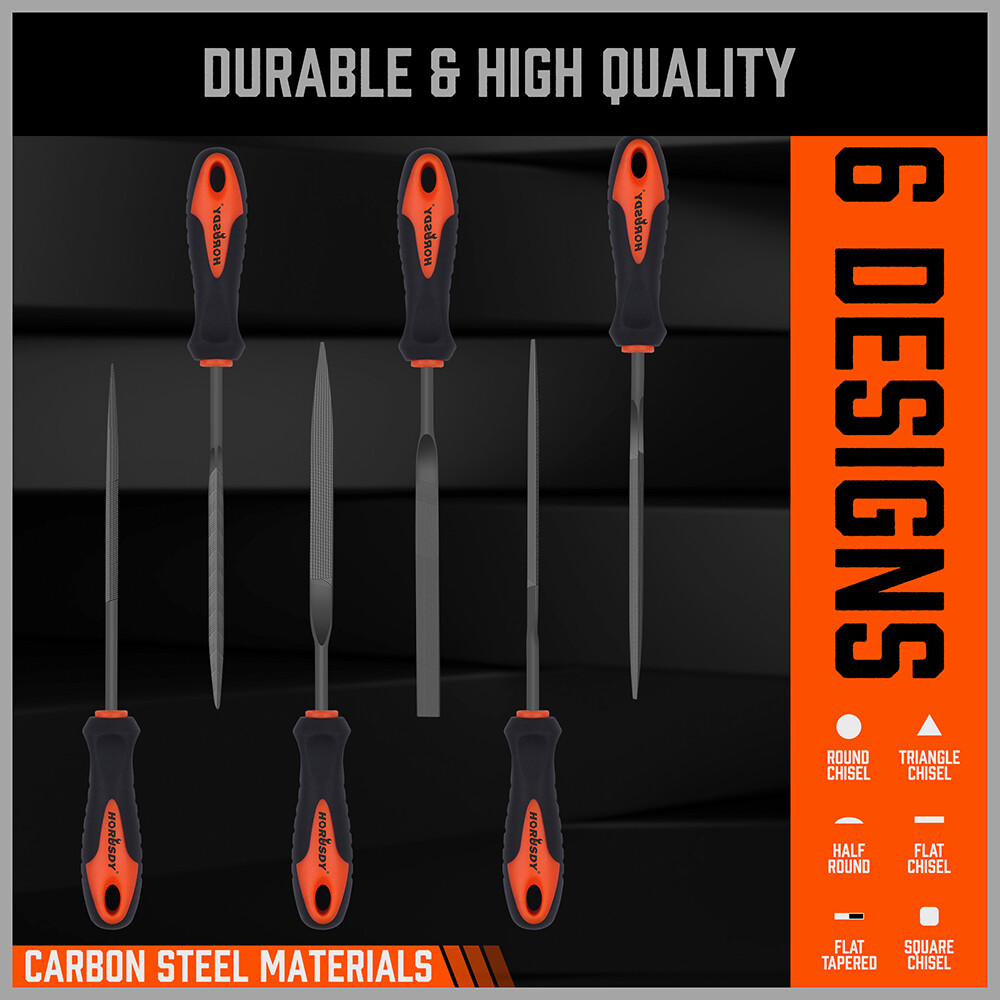 6PC Needle File Set 6" Flat Square Triangular Round Half-Round Strength W/ Pouch