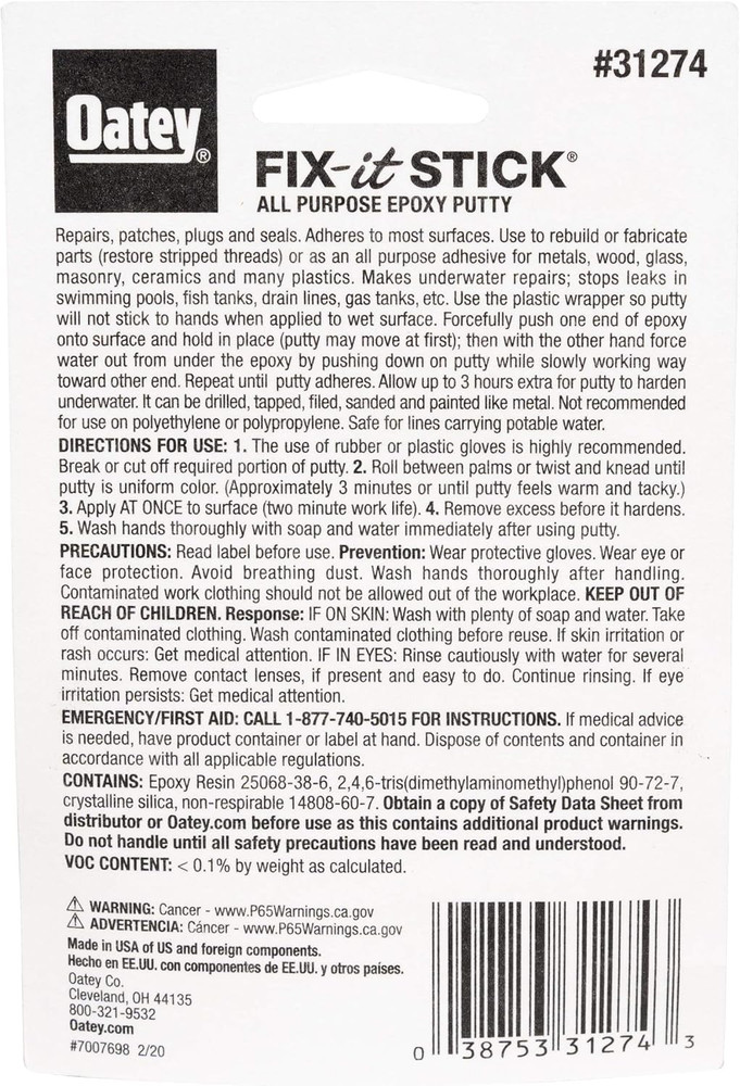 Oatey 31274 Stick Fix-It Multi-Purpose Epoxy Putty, 1.33 Oz, White