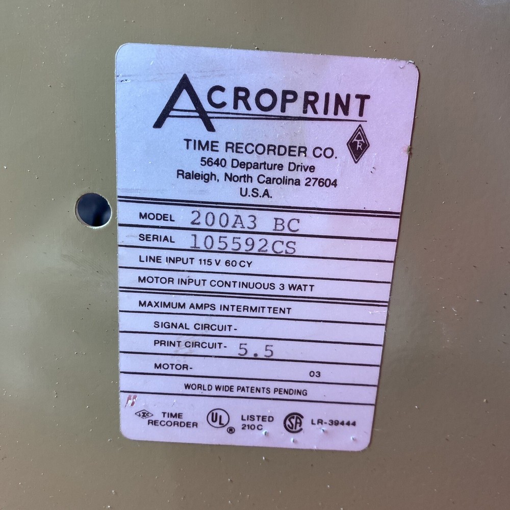 Rare! Acroprint (200A3) Time Clock - No Keys - Untested For Parts