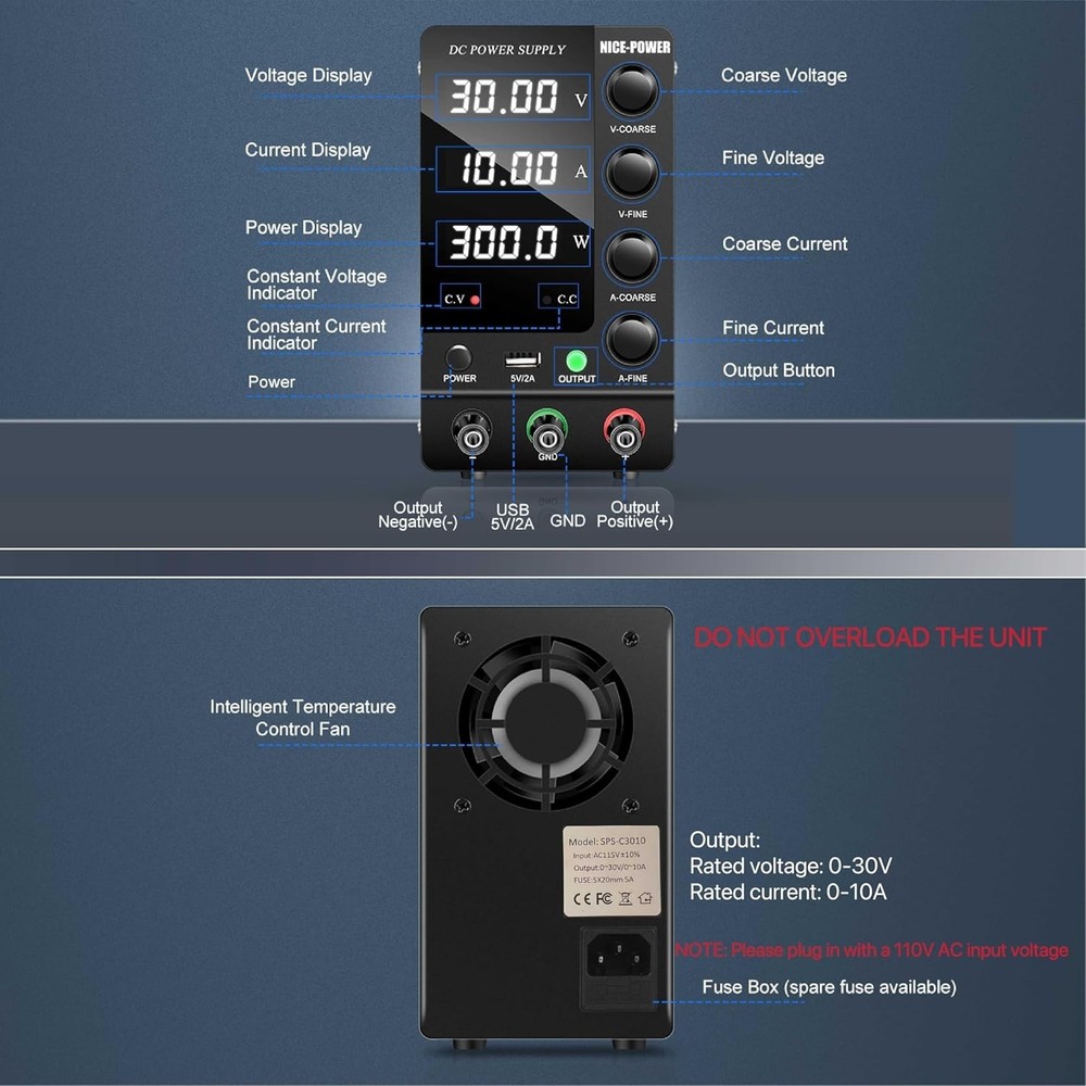 Regulated DC Power Supply 30V 10A: 4-Digit Display, USB, Stable Output Switch