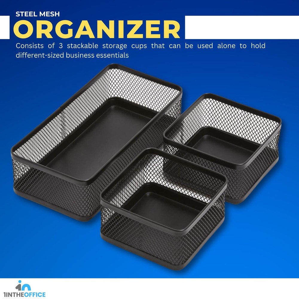 3-Compartment Stackable Black Mesh Tray Desk Baskets and Organizers Tray