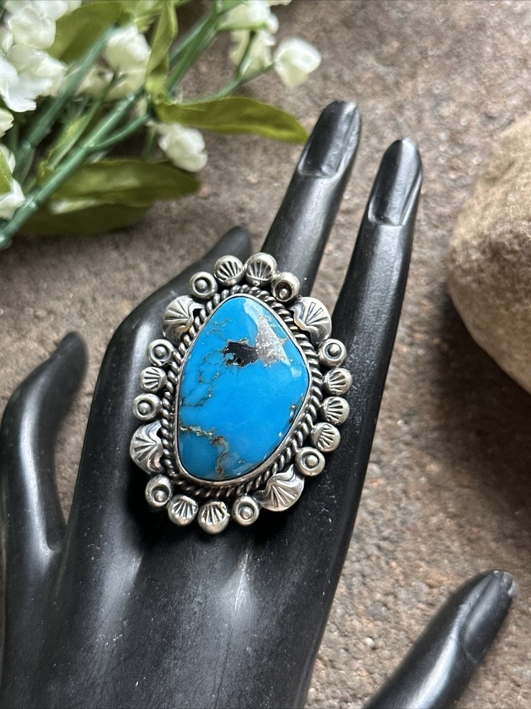 Native American Sterling Silver Turquoise Adjustable Ring. KY