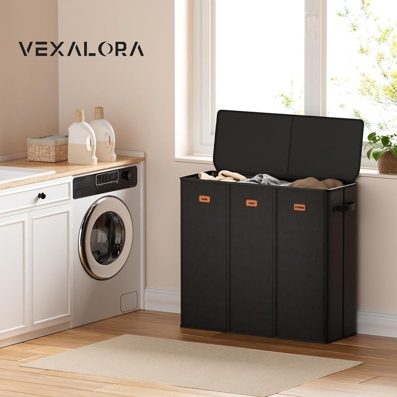 3 Compartment Laundry Hamper W/ Lid Removable Bags Odor Control Space Saving New