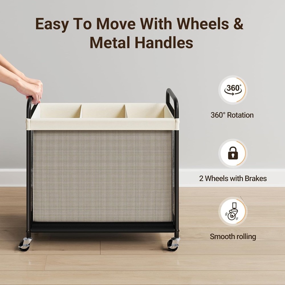 Laundry Hamper 3 Section 120L Rolling Laundry Sorter W/ Removable Liner Bag