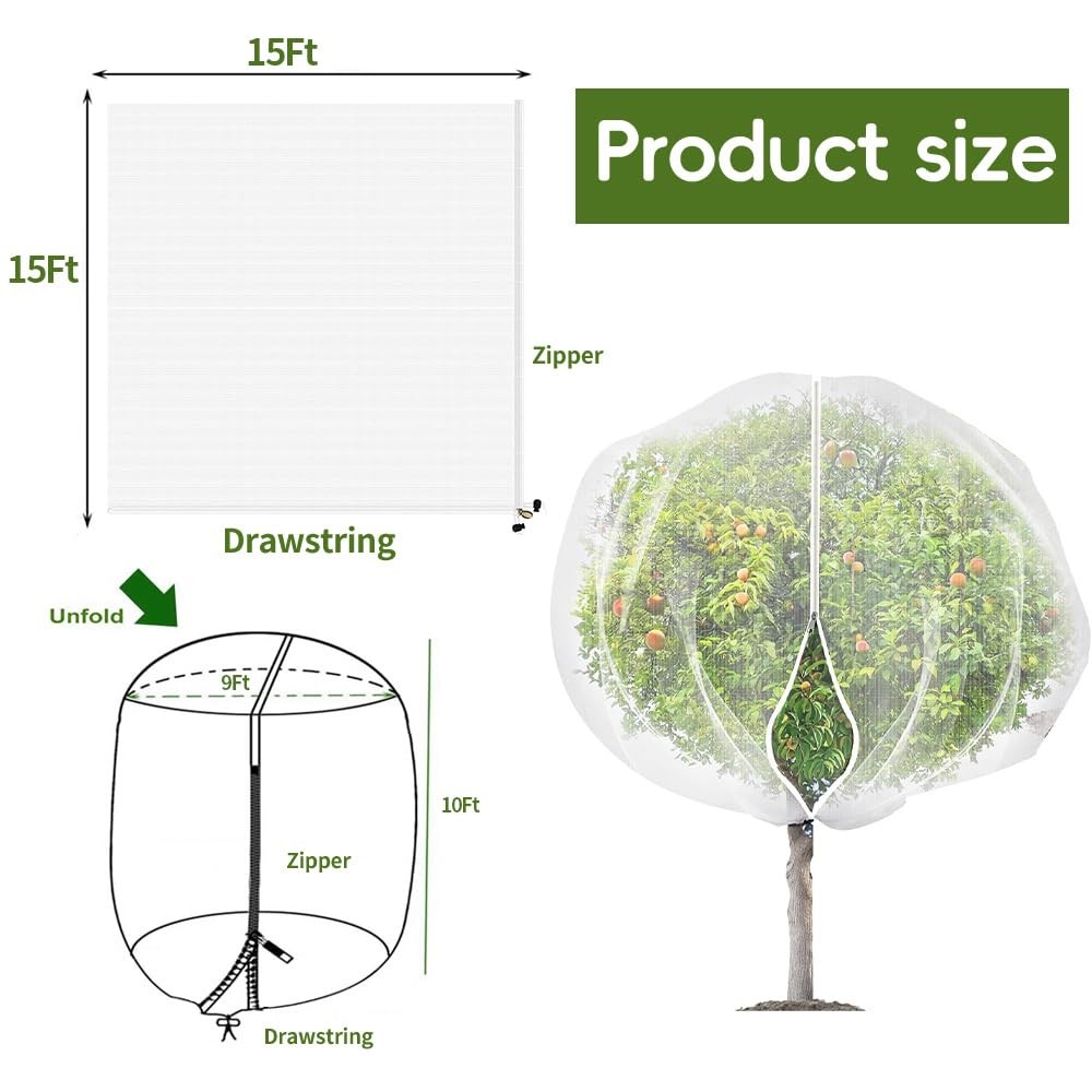 Fruit Tree Netting 1 Pack Extra-Large 15X15ft with Zipper and Drawstring