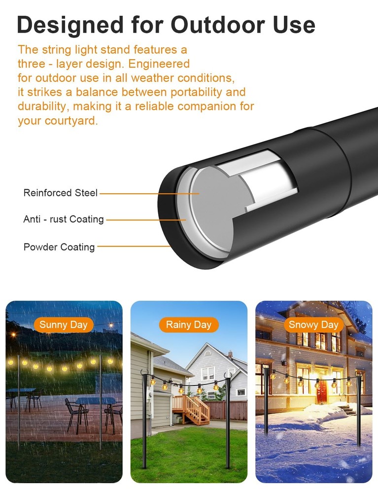 2 Pack String Light Poles for Outside, Thickened Metal Lights 2 Pack, Black