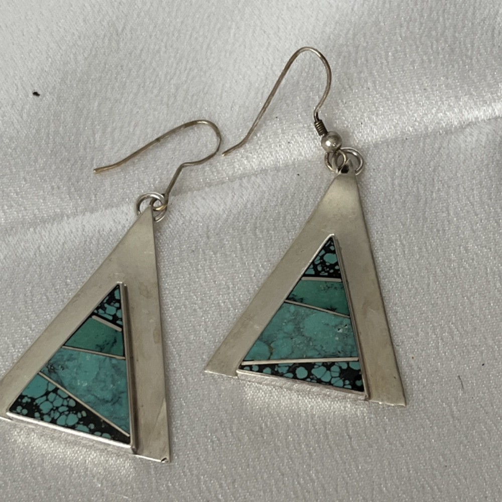 L Jackson Triangle Turquoise Inlay Dangle Silver Earrings