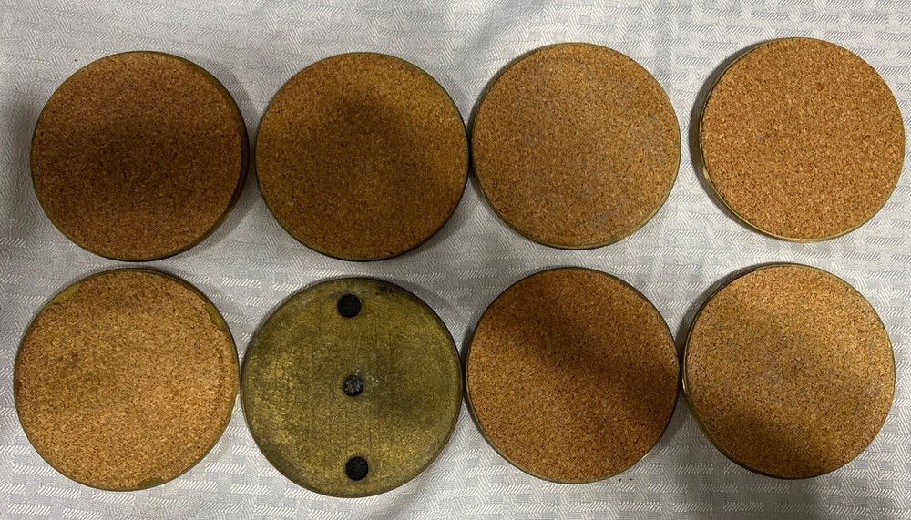 8 Vintage Solid BRASS and Brown LEATHER M MG COASTERS