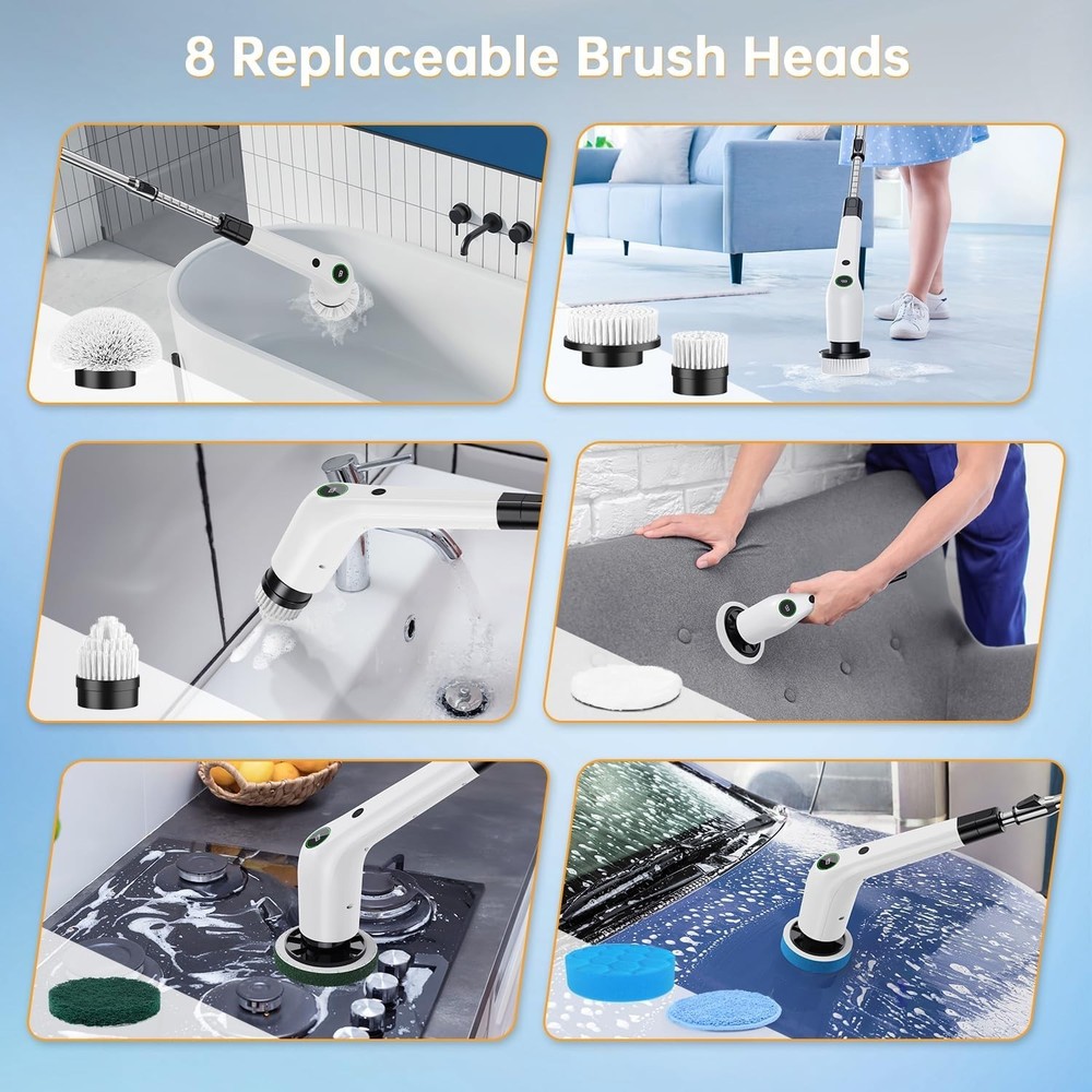 9-in-1 Multi-Surface Electric Spin Scrubber, LCD, Cordless Cleaning Brush