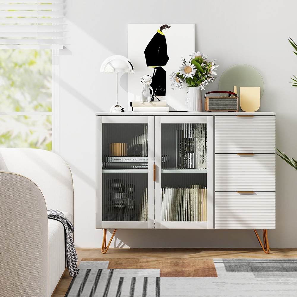 Buffet Server Sideboard w/ 2 Tempered Glass Doors & 3 Drawers for Kitchen White