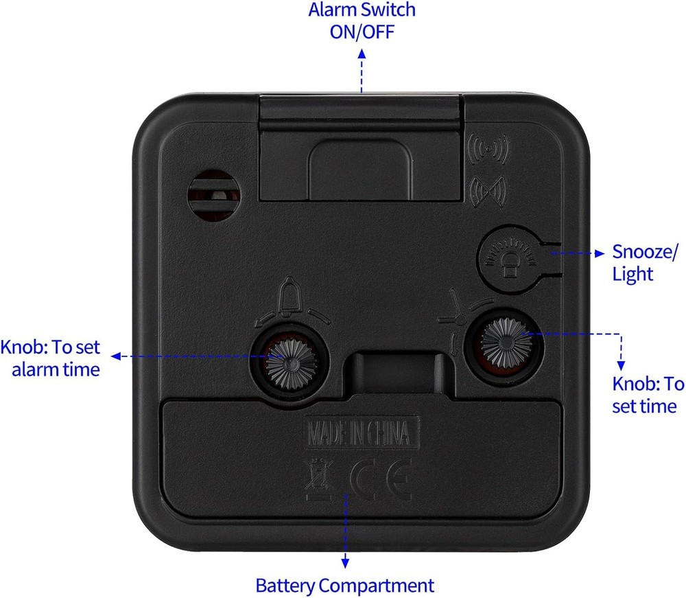 Classic Analogue Travel Alarm Clock with Snooze Function and Light, Black