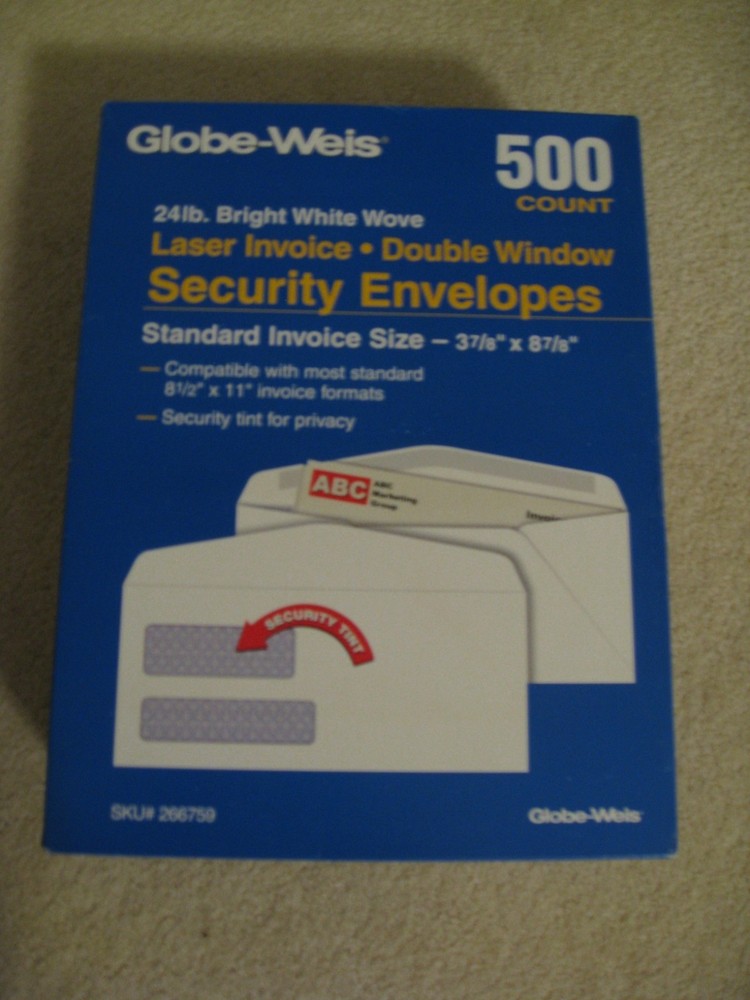 349 Globe Weis Laser Invoice Double Window Security Envelopes