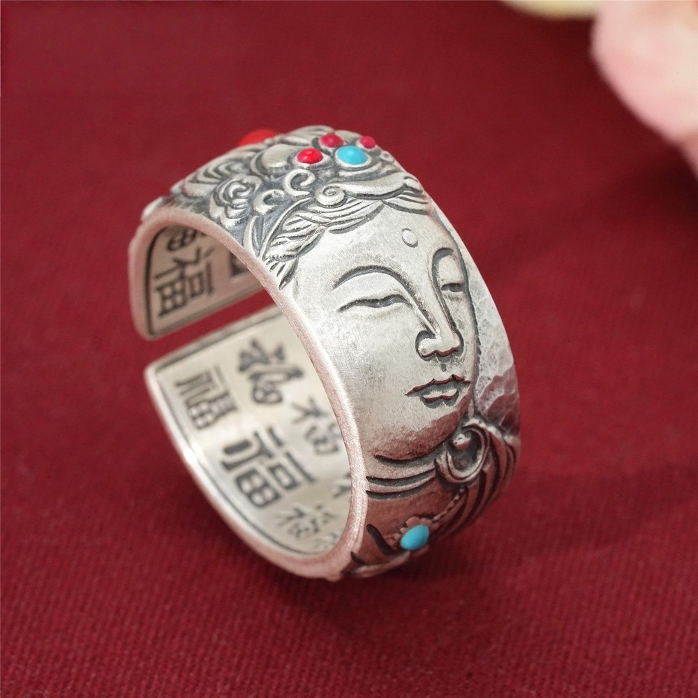 Buddha In Heart Silver Plated Adjustable Ring Handcrafted Blessing
