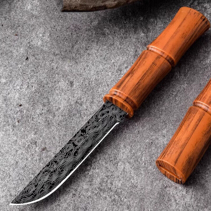 Portable Damascus Steel Fruit Knife with Bamboo Handle | Camping & Kitchen Use