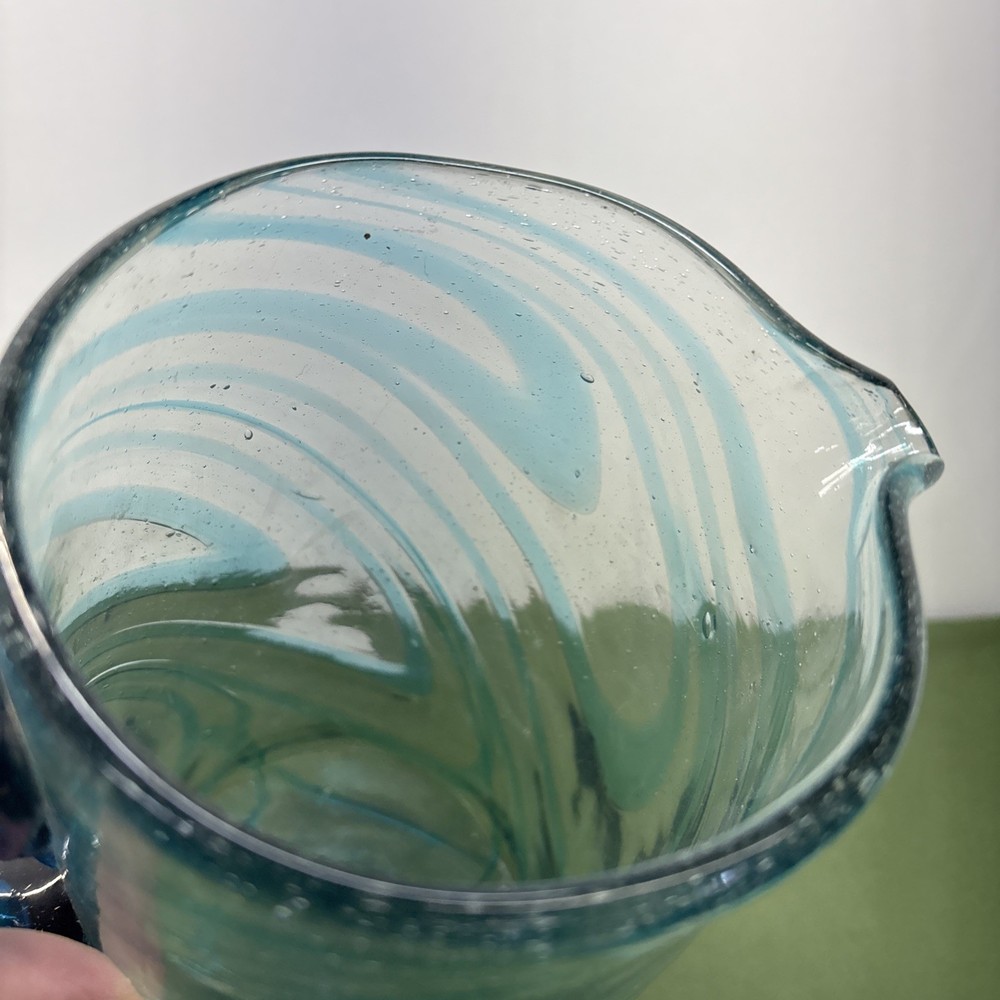 Vintage Hand Blown Blue Swirl Glass 9” Pitcher with Handle