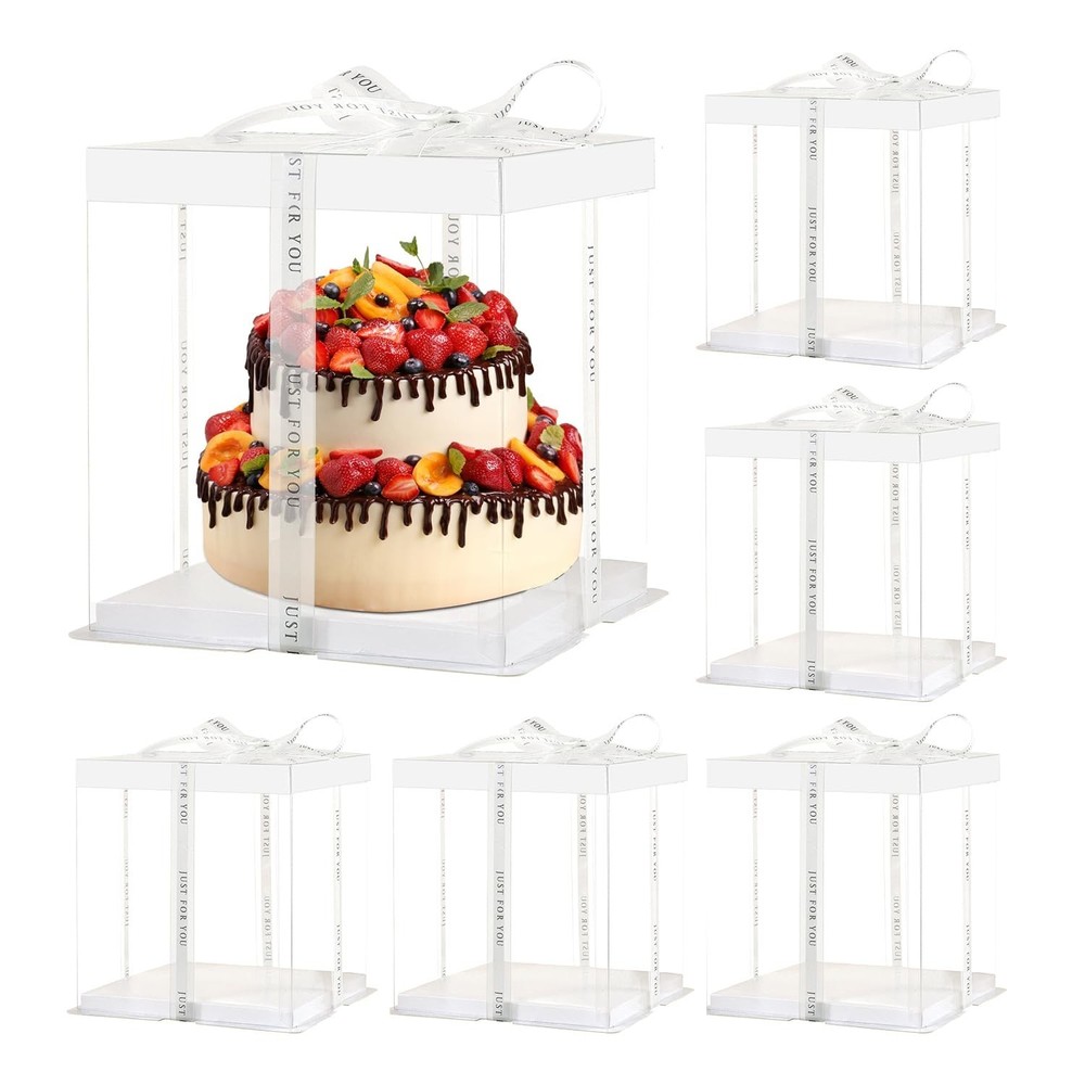 JCD 6 Pcs 2-Layer Tall Cake Packaging Boxes,8x8x9in Clear Cake Box with Ribbo...