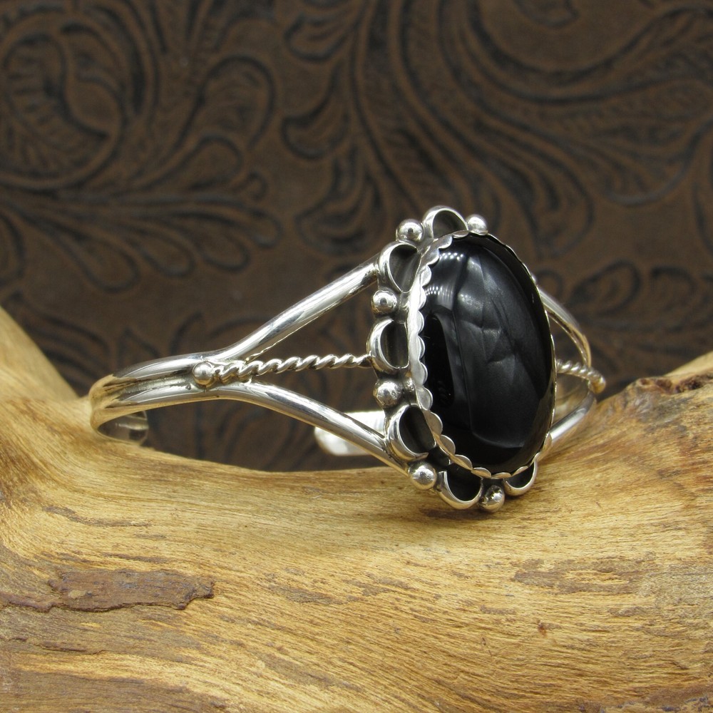 *Sterling Silver Flower Onyx Cuff Bracelet