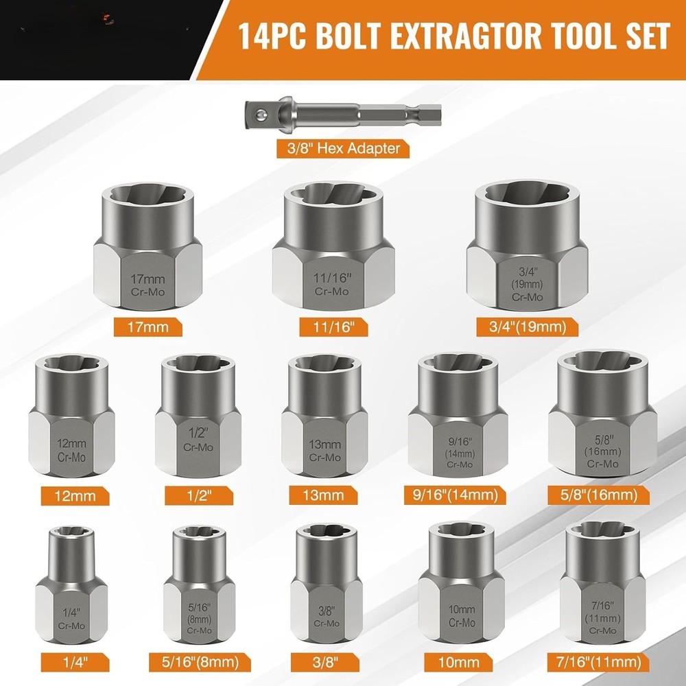 Extractor Set, 3/8" Drive Impact Bolt & Lug Nut Remover Socket Tool Kit