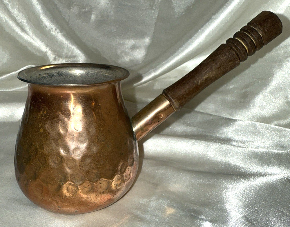 Turkish Coffee Pot Hammered Copper Wooden Handle