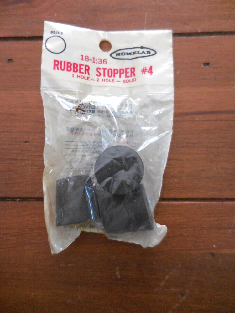 Home Lab vintage Rubber Stoppers #4, one solid, one 1 hole, & 1 two hole