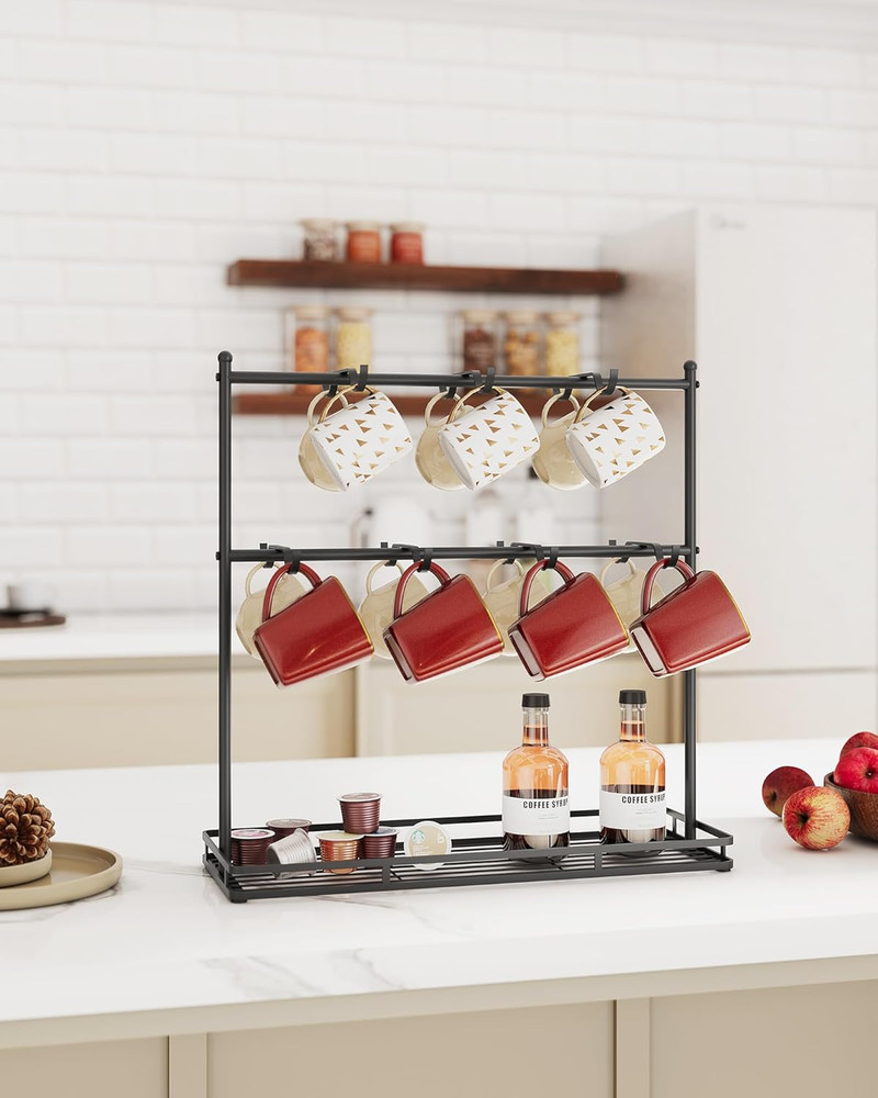 Coffee Mug Holder for Countertop, 14-Hook Mug Tree Rack for 14 Cups, 2 Tier Mug