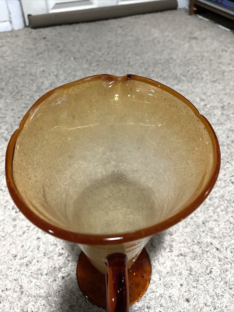 Large Hand Blown Orange/brown Glass Controlled Bubble Pitcher Applied Handle