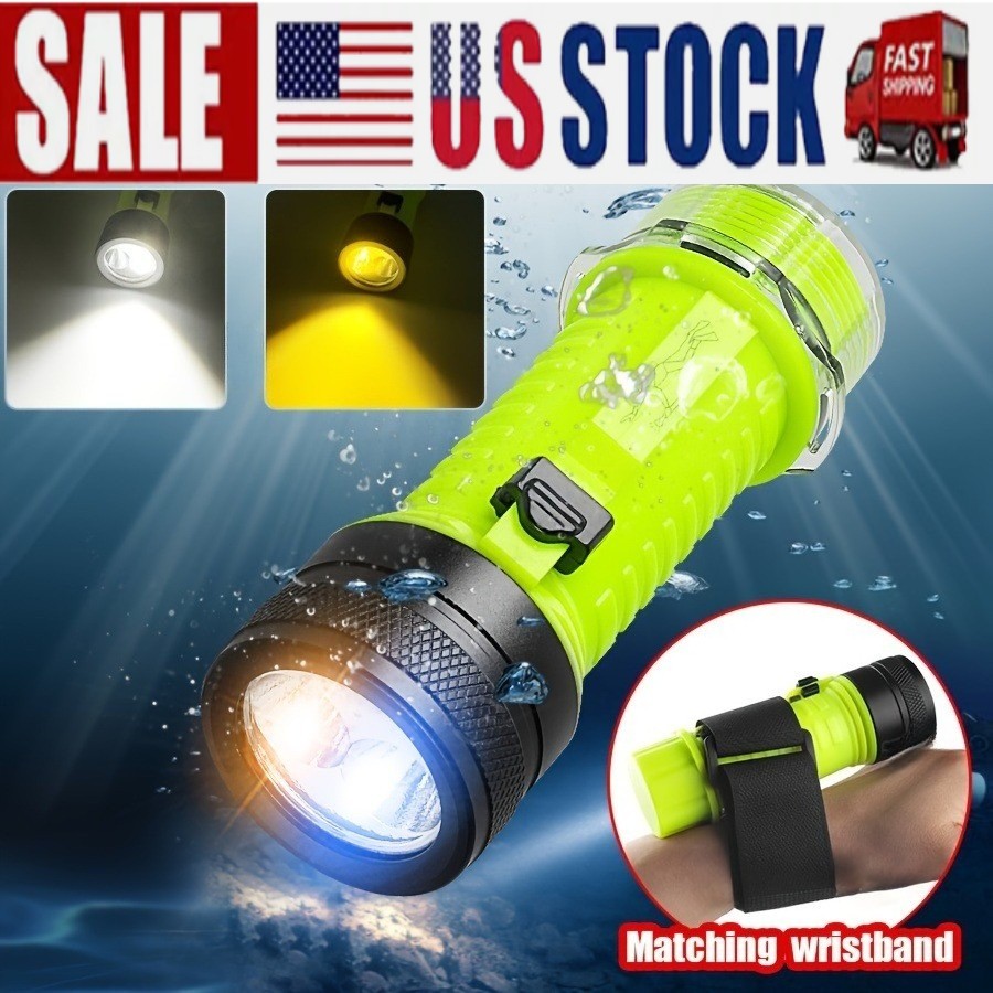 White/Yellow Light Diving Flashlight Scuba Underwater 100M Rechargeable Lantern