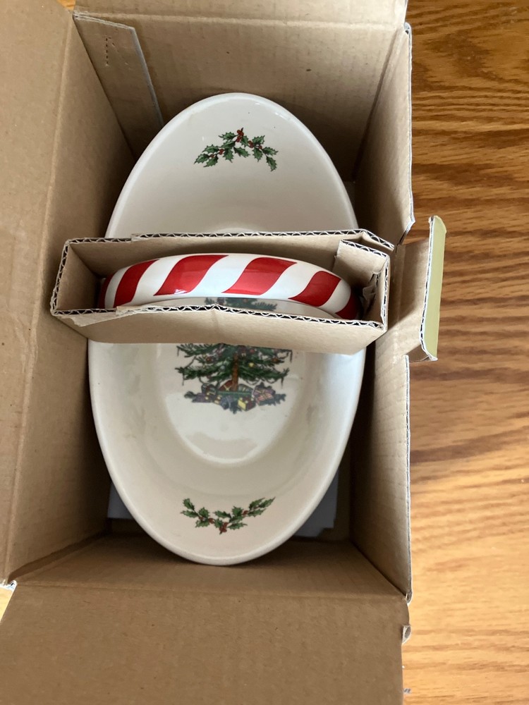 Spode Christmas Tree Peppermint Handle Basket Candy Dish 6.5" MINT IN BOX WOW