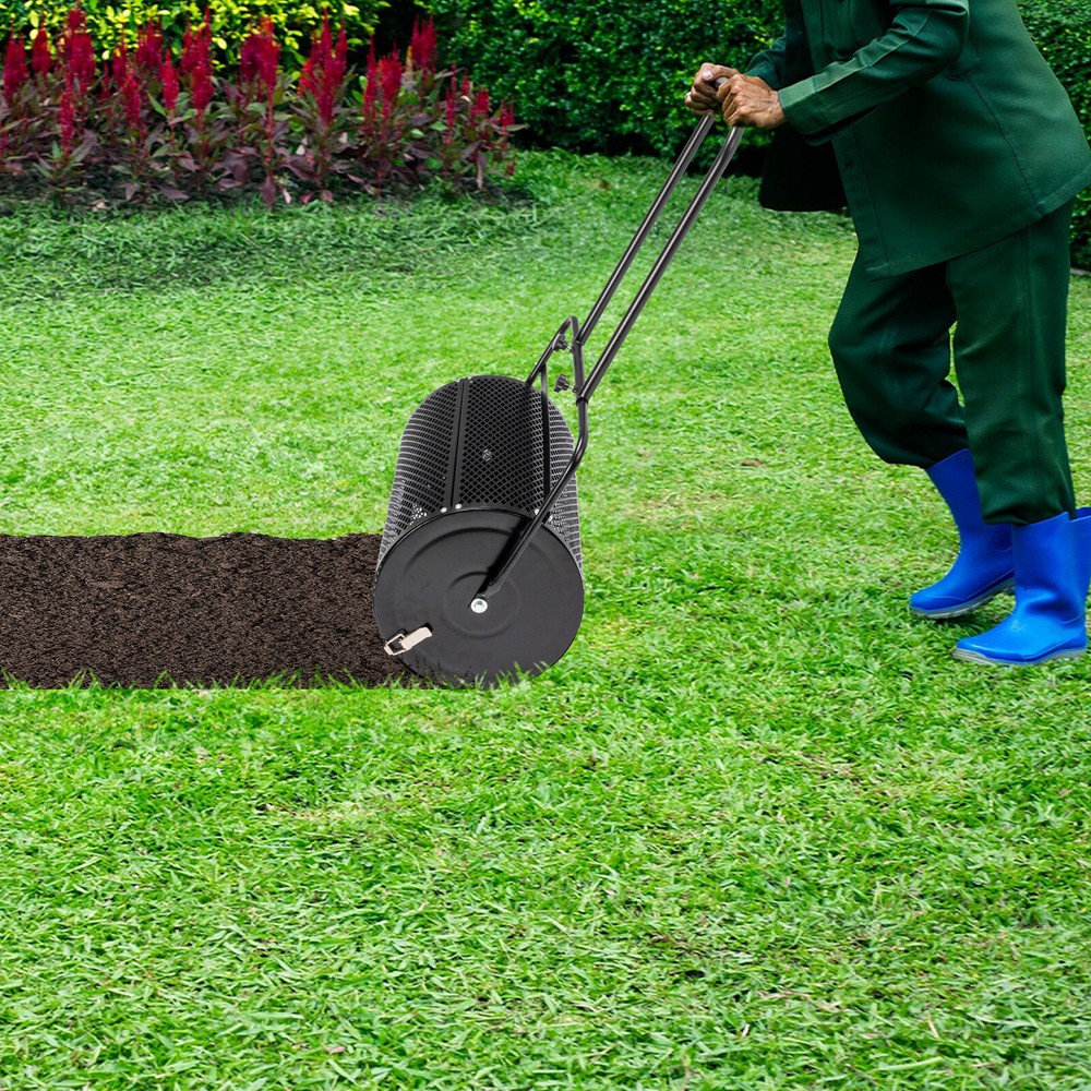24" Compost Spreader Peat Moss Spreader Roller Lawn Spreader Black