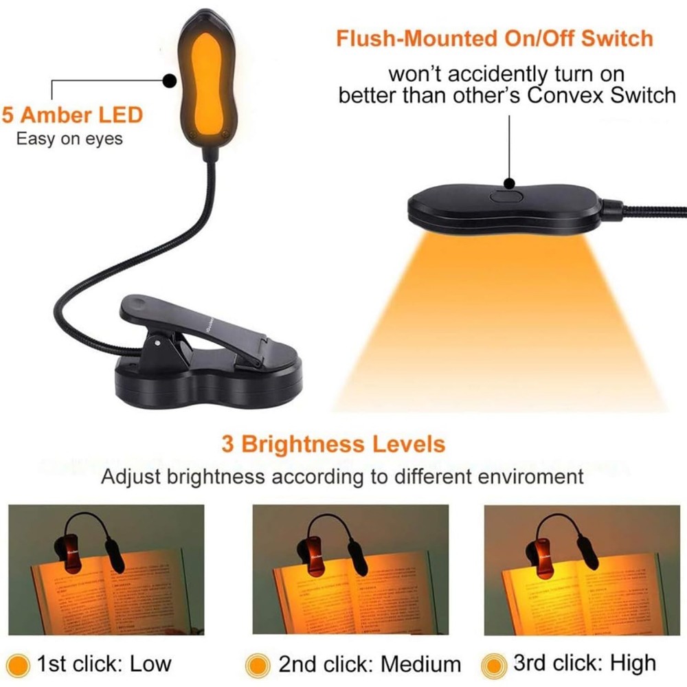 Amber Book Light, Rechargeable Blue Light Blocking Reading Light, Clip on Book