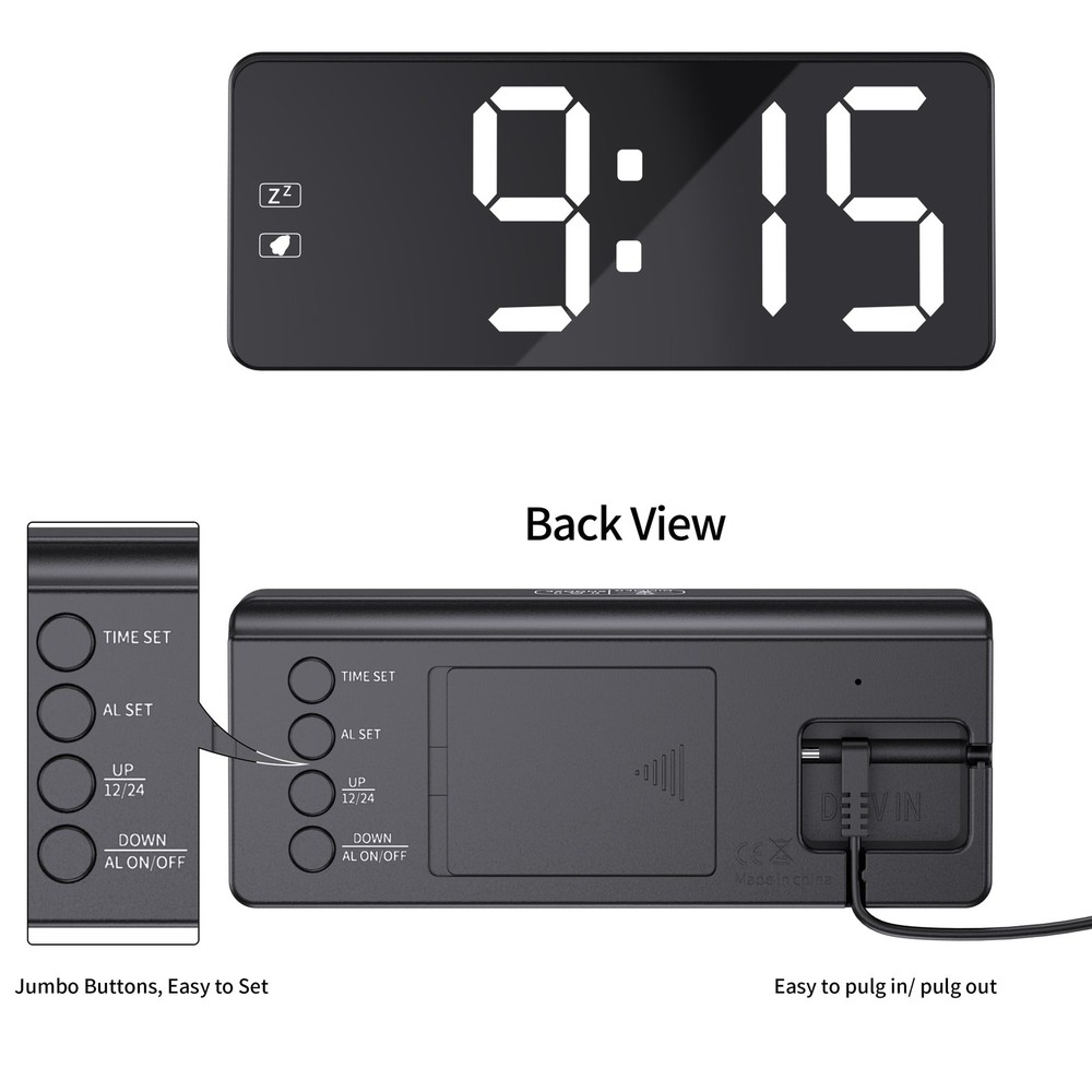 Bedside Clock with Oversized Buttons, 2.4'' LED Digits Display, 24H Memory & ...