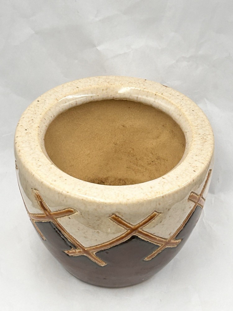 Modernist Studio Art Pottery Sgraffito Teepee Design Planter, Signed/Marked