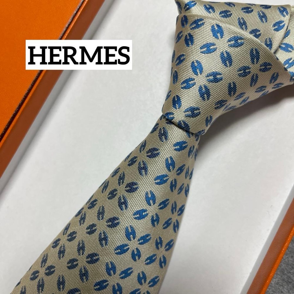 HERMES tie blue and white H pattern silk jacquard