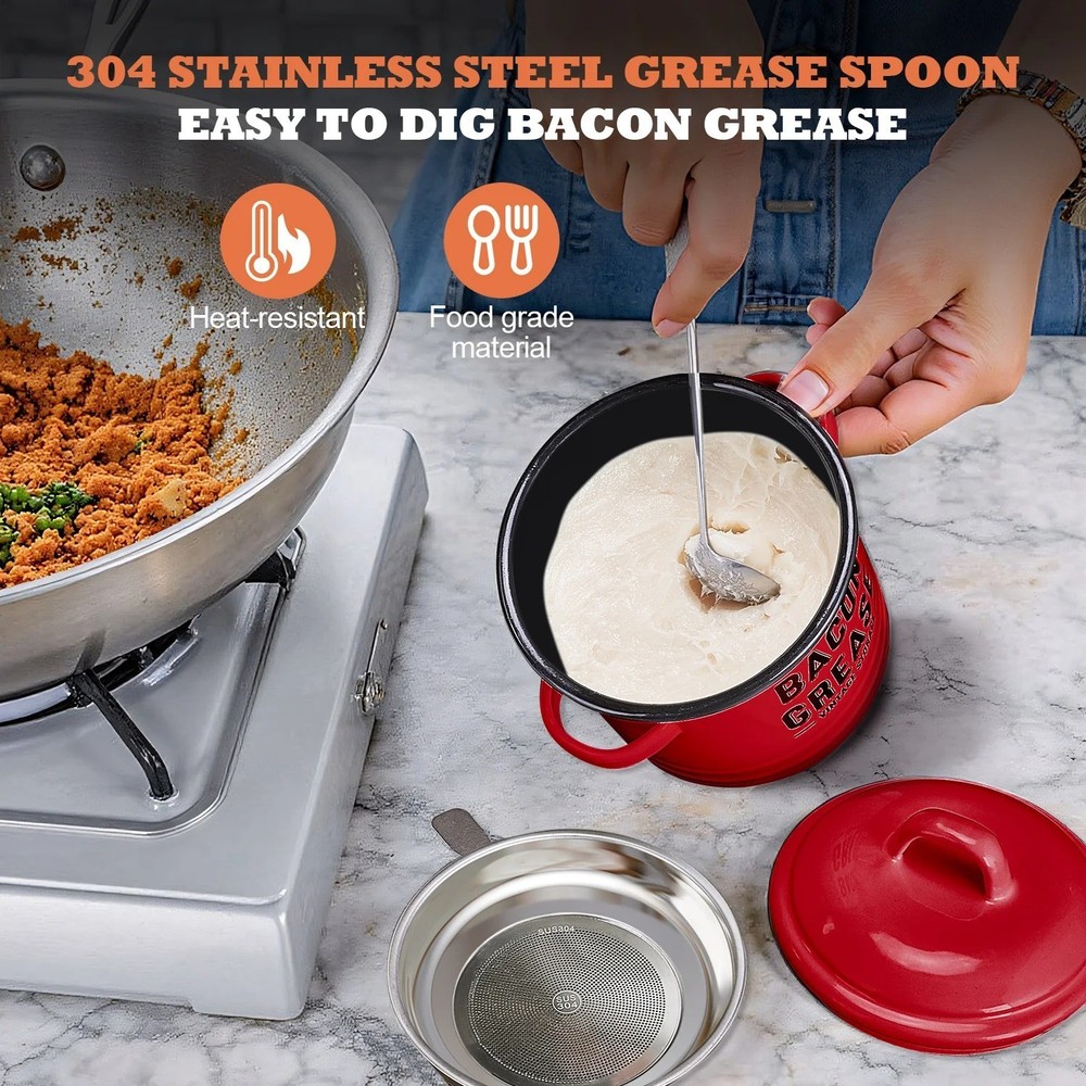 Bacon Grease Container with Strainer - Large 46OZ Red Kitchen Oil Storage Can...