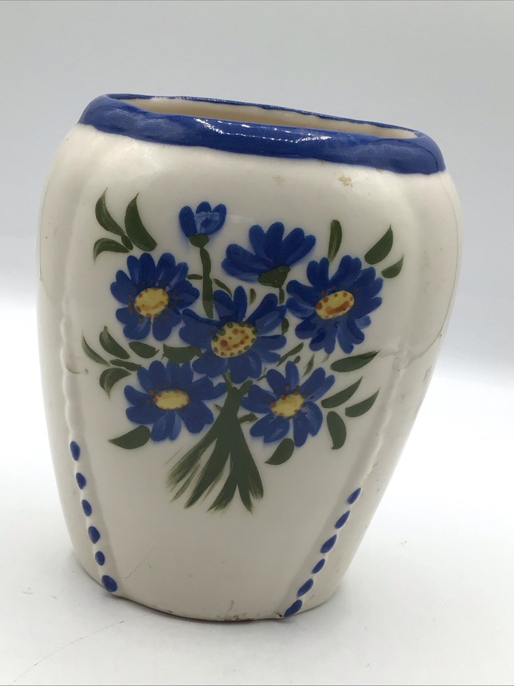 Hand Painted Ceramic Vase Blue Floral Signed