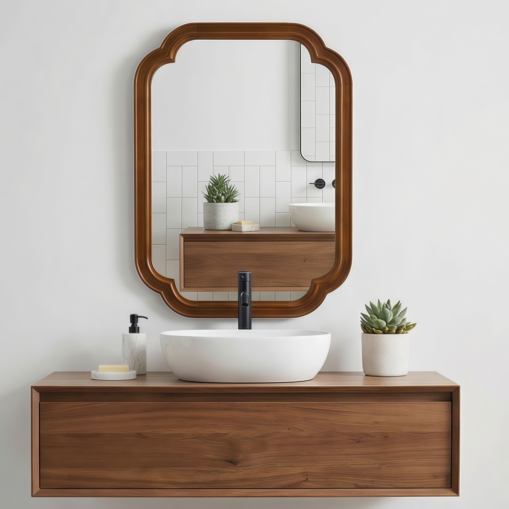 24x36 Solid Walnut Wall Mirror with Tempered Glass, Round Corner Art Deco