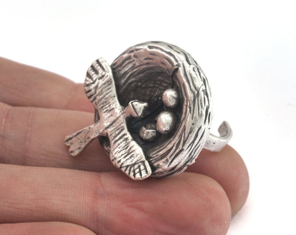 Bird Nest Ring Adjustable Ring Antique Silver plated brass 8US size 2737