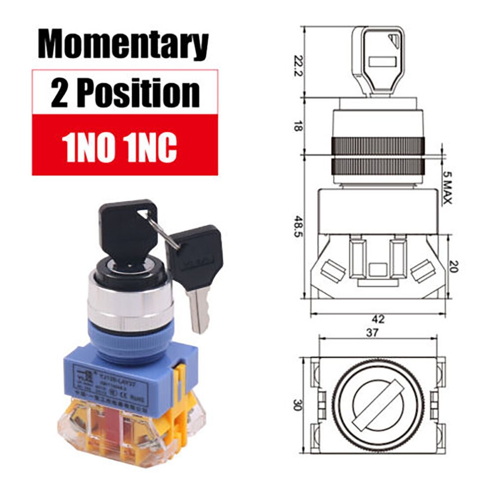 On/Off Security Key Switch Lock +Keys 22mm Momentary/Latching 2/3 Position NO/NC