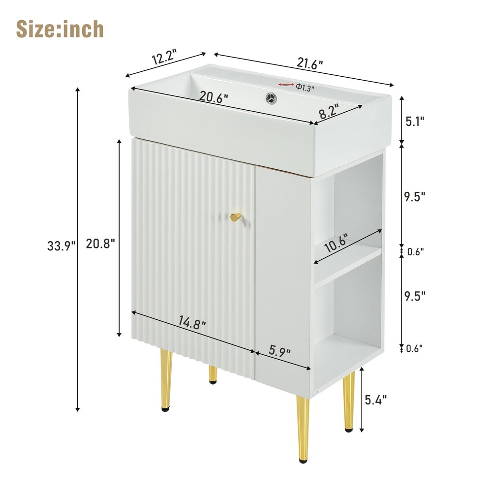 21.6" White Bathroom Vanity Combo Cabinet W/ One Ceramic Sink Right Side Storage