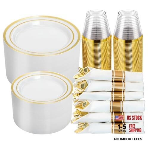 350PCS Plastic Dinnerware Set for 50 Guests, Include: 50 Dinner Plates, Gold