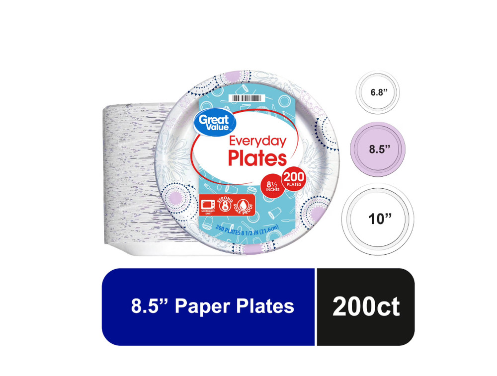 Great Value Disposable Paper Plates, 8.5", 200 Count