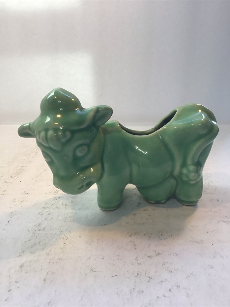 Morton Pottery Green Ceramic Dairy Cow Planter Vintage
