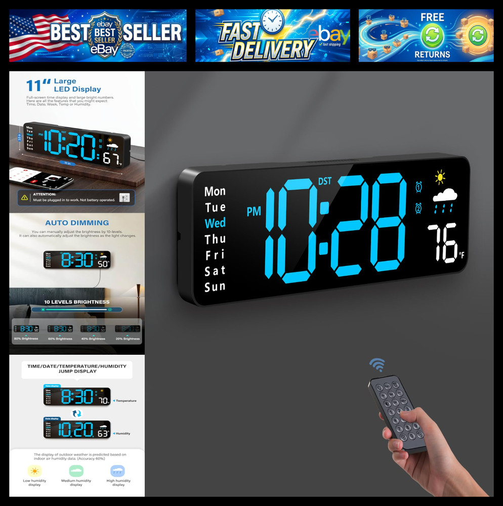 Digital Wall Clock, Digital Clock Large Display with Remote Control, Corded LED