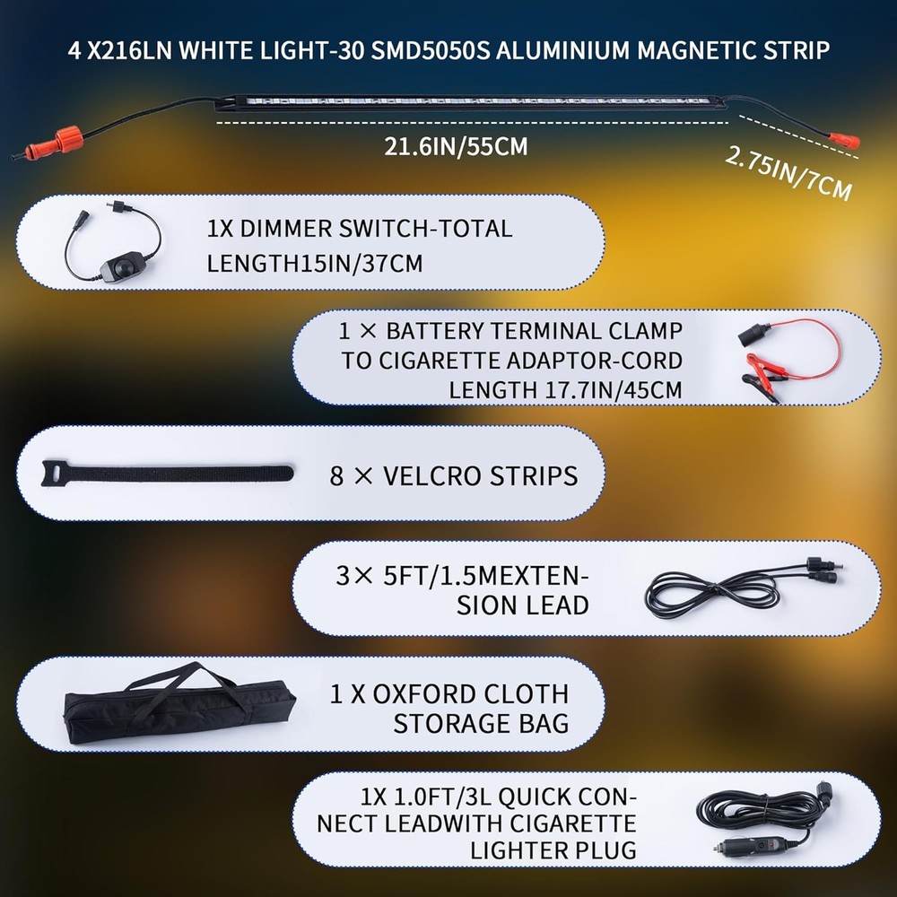 4- 20" 12V Light Bars LED Int/Ext Bar Kit Dimmable Camping String White Magnetic