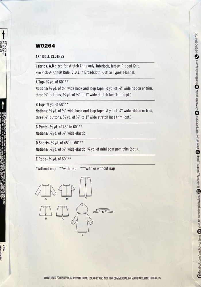 Simplicity Doll Clothes Pattern W0264 Size 18" UNCUT