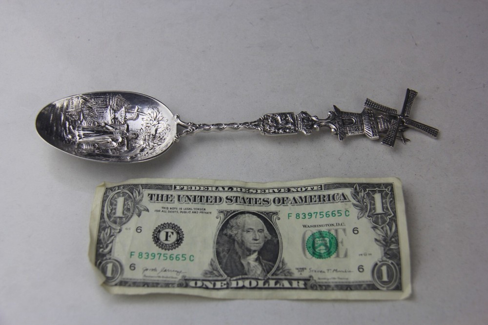Antique Dutch Silver Spoon w/ Windmill Handle & Embossed Bowl