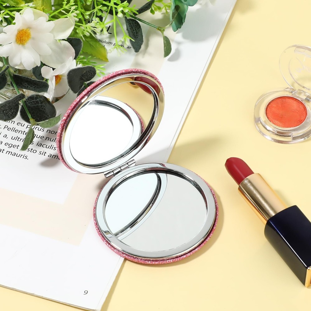 Cosmetic Compact Mirror Folding Glitter Round Mini Makeup Mirror Portable Bli...