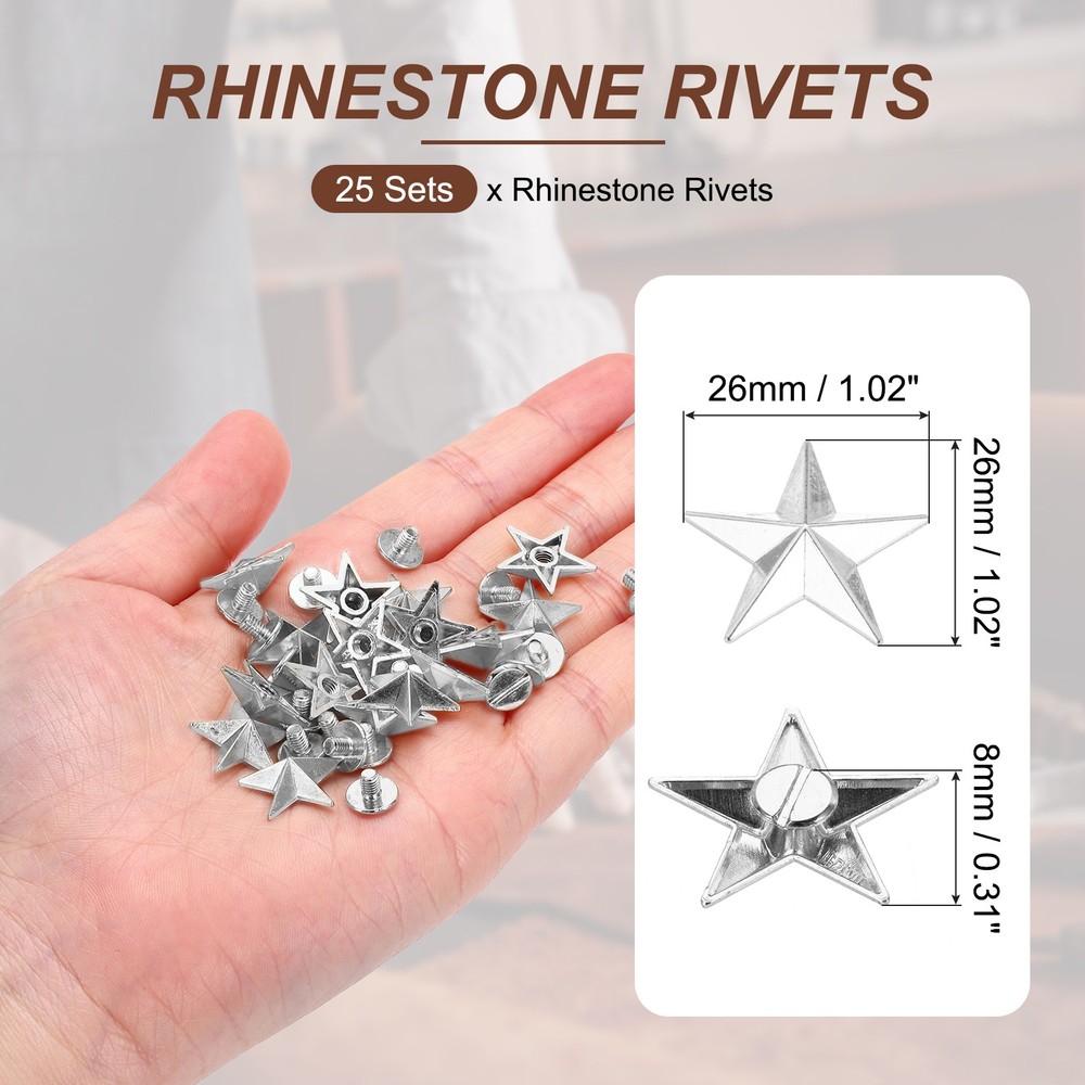26mm Star Rivets, 25 Sets Leather Rivets Rapid Studs Rivet, Silver Tone