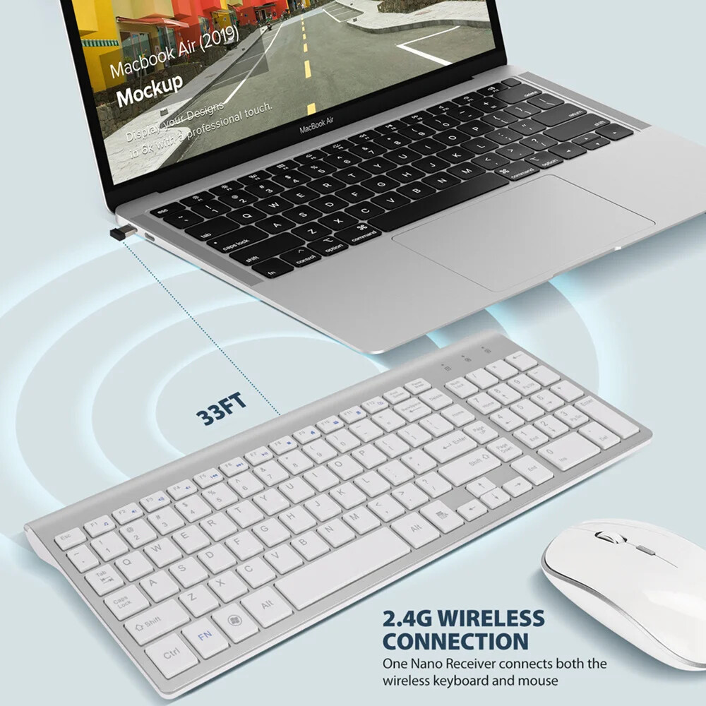 Wireless Keyboard and Mouse Combo - Full Size Slim Thin Keyboard Mouse 104 Keys